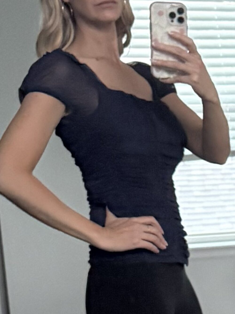 Navy Venus Top with Sheer Cap Sleeves